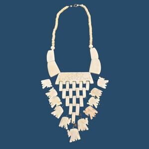 Vintage Bone Necklace 21" Statement Bib Elephant Design 5" Drop